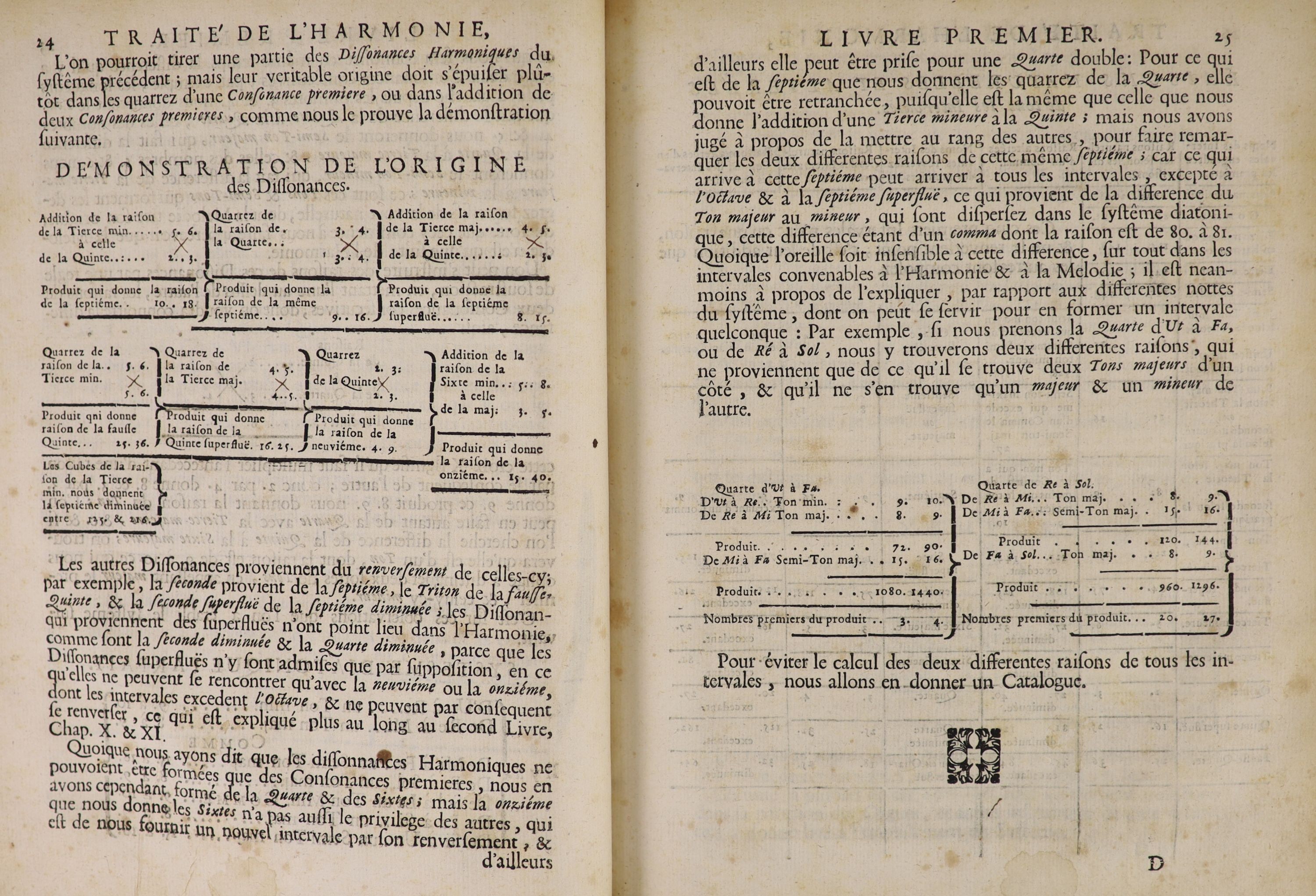 Rameau, John-Philippe - Traite de L’Harmonie Reduite a ses Principes Naturels; Divise en quatre livres… 1st edition 1st edition, complete with numerous examples of annotated music within the text. Old marbled calf, panel